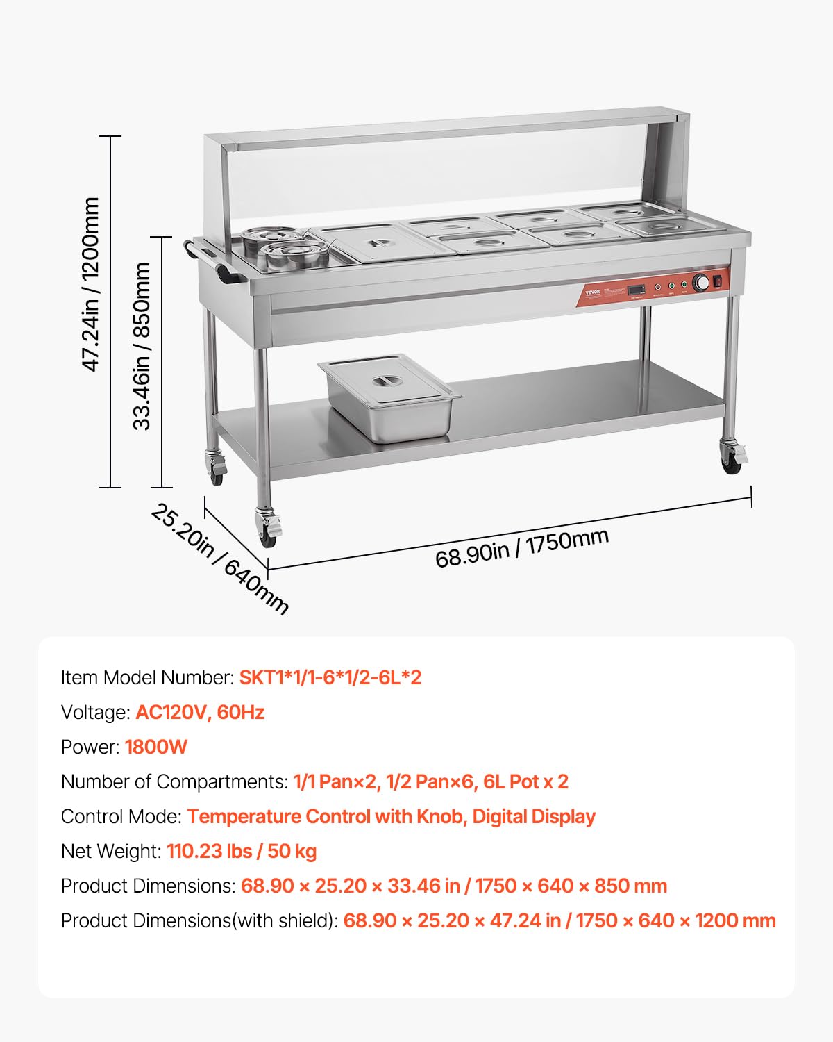 VEVOR Commercial Electric Food Warmer, 7 Pans + 2 Pots Steam Table, 1800W Professional Buffet Catering Food Warmer with Shield Undershelf Wheels, Stainless Steel Server for Party Restaurant