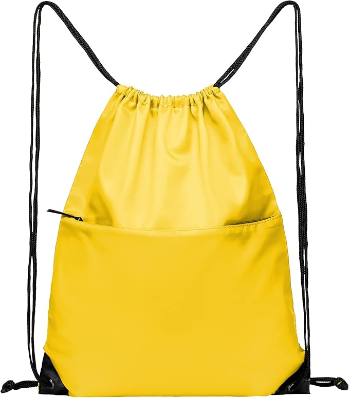 BuyAgain Drawstring Backpack Sports Water Resistant String Bag Sport Gym Sackpack for Women Men Large with Zipper, Yellow