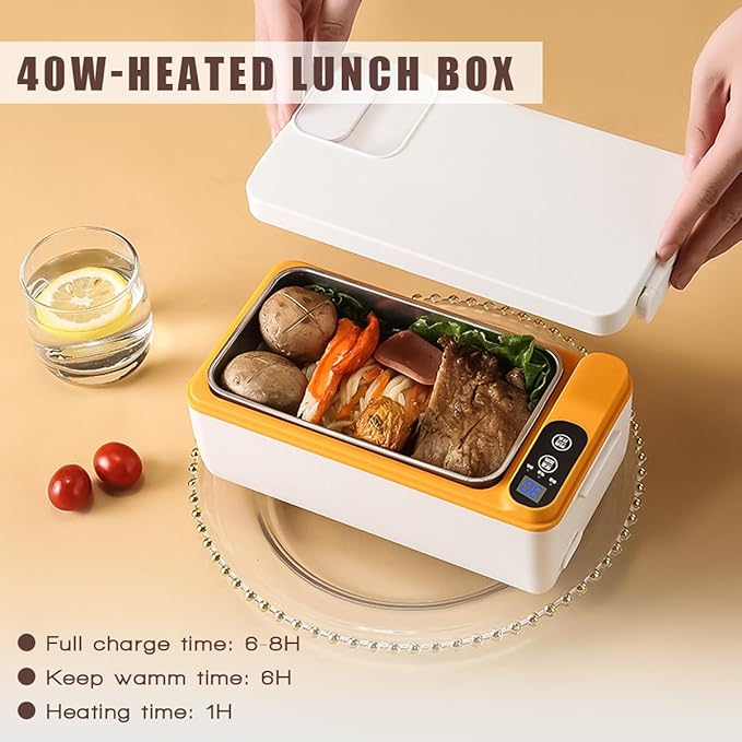Cordless Electric Lunch Box 1L, Portable Food Warmer for Car/Office/Home Use | No Water Required, Rechargeable Heated Lunch Container with Insulated Bag | Students & Professionals