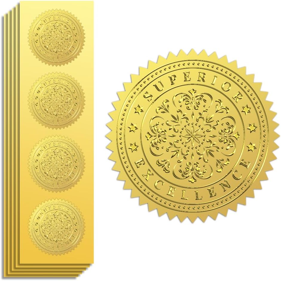 Peacoblue Gold Foil Stickers Seals Official Embossed 2 Inch 100Pcs Excellent, Self Adhesive Gold Around Embossing Medal Stickers for Certificate Paper, Achievements and Awards, Envelope Seals, Praise