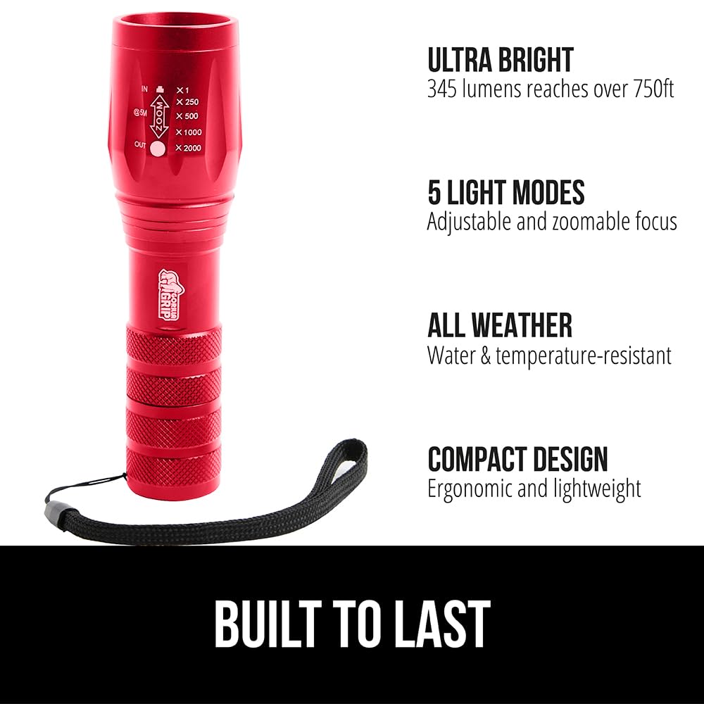 Gorilla Grip LED Tactical Handheld Flashlight, 750 FT Zoom, 5 Modes, Water Resistant, Metal, Red, Model 840029684887