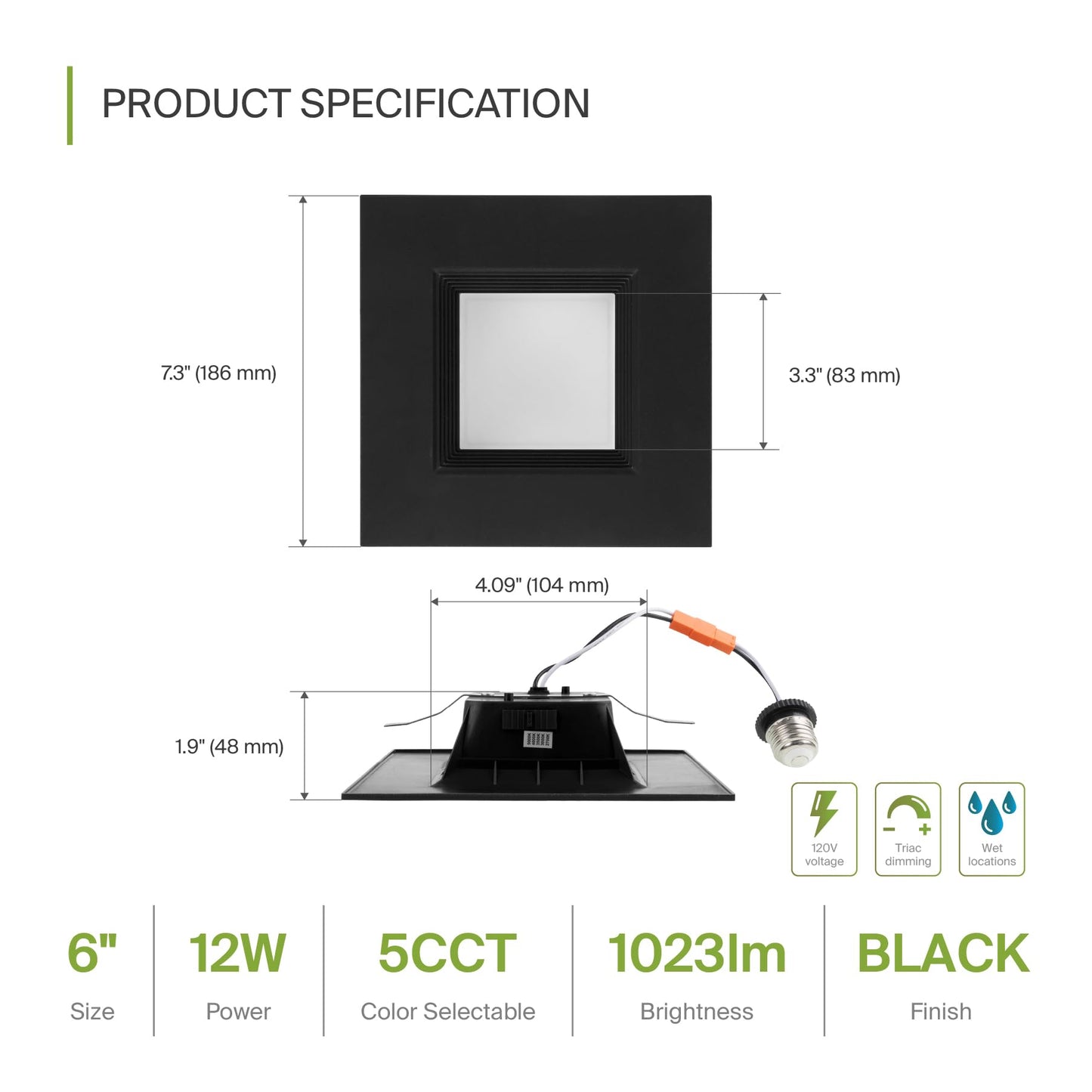 Asd Black 6 Inch Retrofit Led Square Recessed Lighting - 12W 1023Lm 2700/3000/3500/4000/5000K Selectable Dimmable Led Downlight  Wet Rated Cri90 Baffle Trim Square Can Lights  Ul 12 Pack
