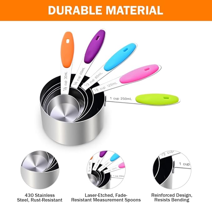 13-Piece Magnetic Measuring Spoons and Cups Set, Stainless Steel Kitchen Measure Tools with Silicone Handles, Nesting Dry and Liquid Measuring Cups for Baking Cooking (Multicolor)