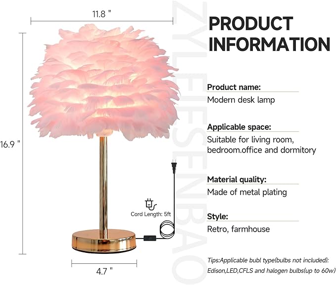 ZYLEIESENBAO Pink Feather Lamp Cute Romantic Goose Feather Table Lamp Furry Nightstand Light with Gold Base Bedside Lamp for Girl Bedroom Wedding Living Room Hotel Decorative