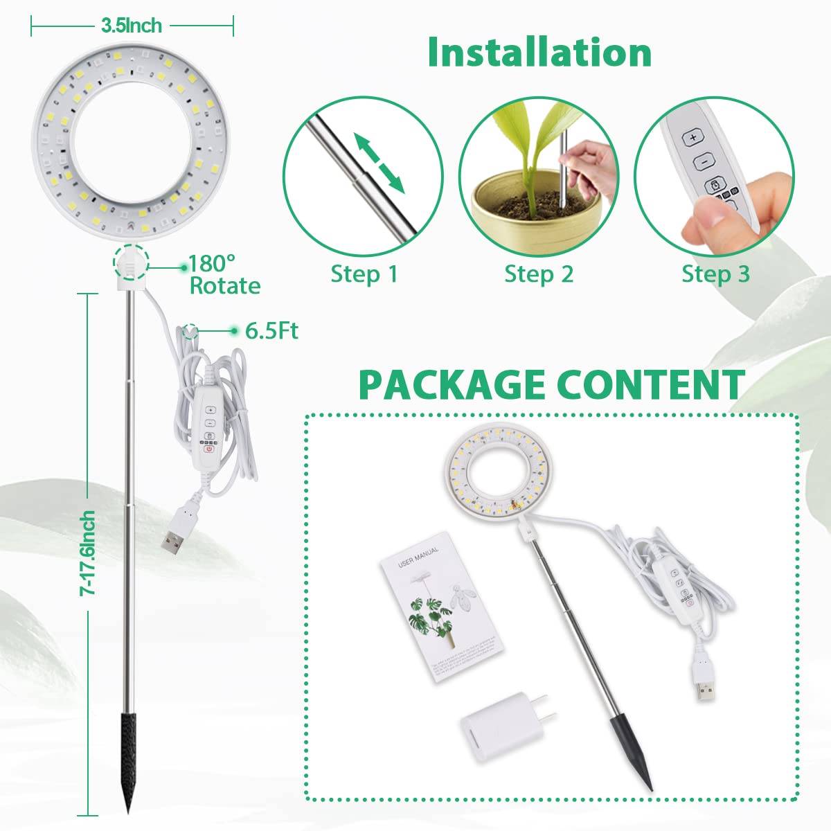 GYTF Halo Plant Grow Light, 6000K White LED, Height Adjustable, Dimmable, Timer, 1 Pack, Aluminum