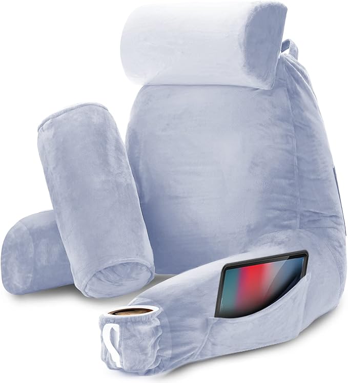 Nestl Reading Pillow Large Bed Pillow, Back Pillow for Sitting in Bed Shredded Memory Foam Chair Pillow, Reading & Bed Rest Pillows Ice Blue Back Pillow for Bed, Bed Chair Arm Pillow with Pockets