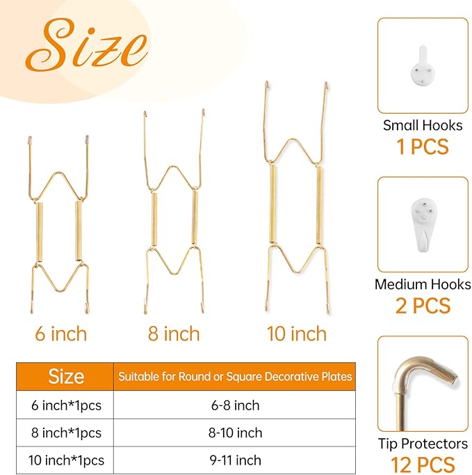 Bilillo 3-Piece Stainless Steel Wall Plate Hangers, 6/8/10 Inch Invisible Decorative Wire Plate Holders with 3 Pieces Wall Hooks for 5.5 to 10.5 Inch (Gold)