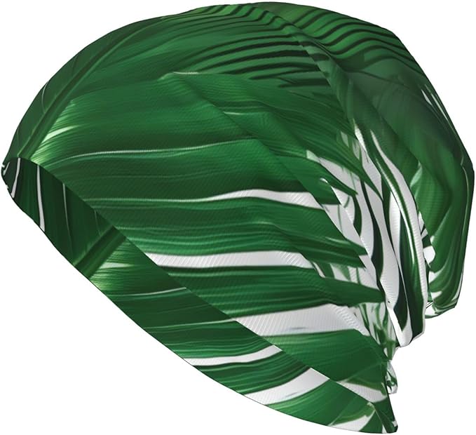 Green Palm Leaf Print Soft Beanie Hat for Men Women Warm Fashion Cap for Jogging Cycling Gift Outdoor Use