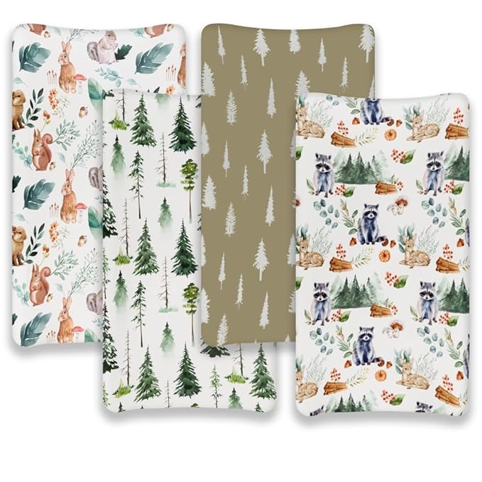 4 Pack Changing Pad Covers Woodland Forest Animals Wood Neutral Unisex Fitted Baby Changing Pad Cover Set for Baby Boys or Girls (Raccoon)