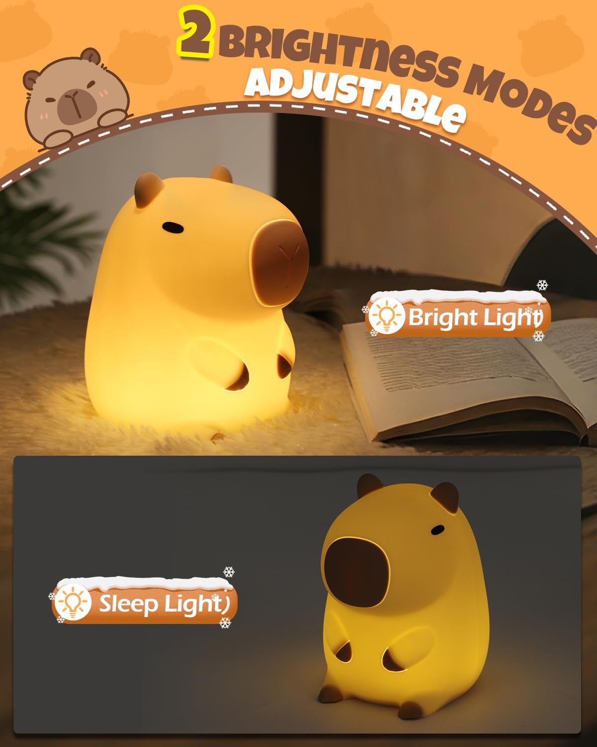 Cute Capybara Night Light  Animal Lamp  Food Grade Silicone  Rechargeable  2 Level Dimmable  Squishy Nursery Nightlight For Desk Decor  Funny Gifts Stuff For Boys Girls Baby  White Elephant Gifts