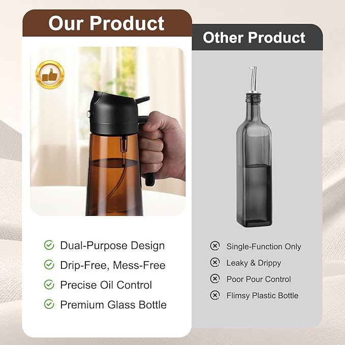 16oz/470ml Olive Oil Sprayer for Cooking, 2 in 1 Oil Dispenser Bottle Spray and Pour with Stickers, Premium Dark Brown Glass Oil Bottle for Air Fryer, and Salad