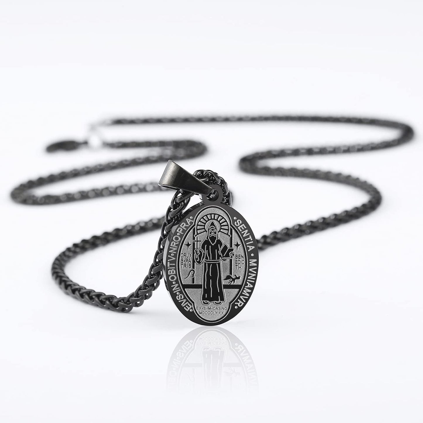 P. BLAKE Black St Saint Benedict Medal Necklace for Men, Stainless Steel Exorcism Catholic San Benito Medalla Religious Pendant