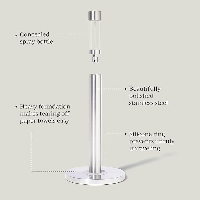 Curio Home Goods Obscura Paper Towel Holder plus Spray Bottle, Stainless Steel, Silver