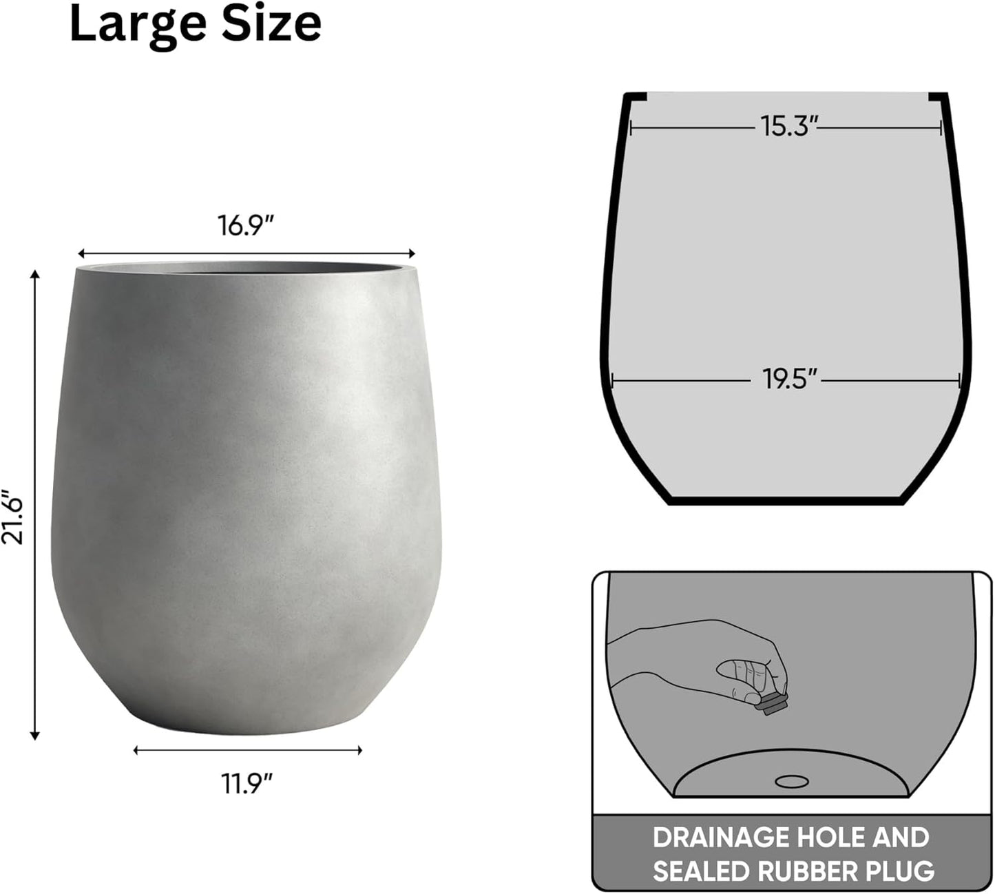 DTY Signature Mount Wilson Lightweight and Durable Modern Fiberstone Tapered Planter for Indoor Outdoor Drainage Hole & Rubber Plug Weather Resistant, 21.7" H x 20" Dia,15.7" Opening - Large, Gray