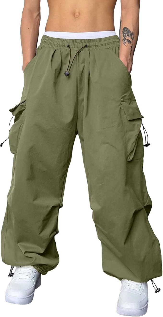 Mens Baggy Cargo Pants Elastic Waist Comfort Fashion Parachute Pants Solid Drawstring Athletic Lightweight Joggers Trousers