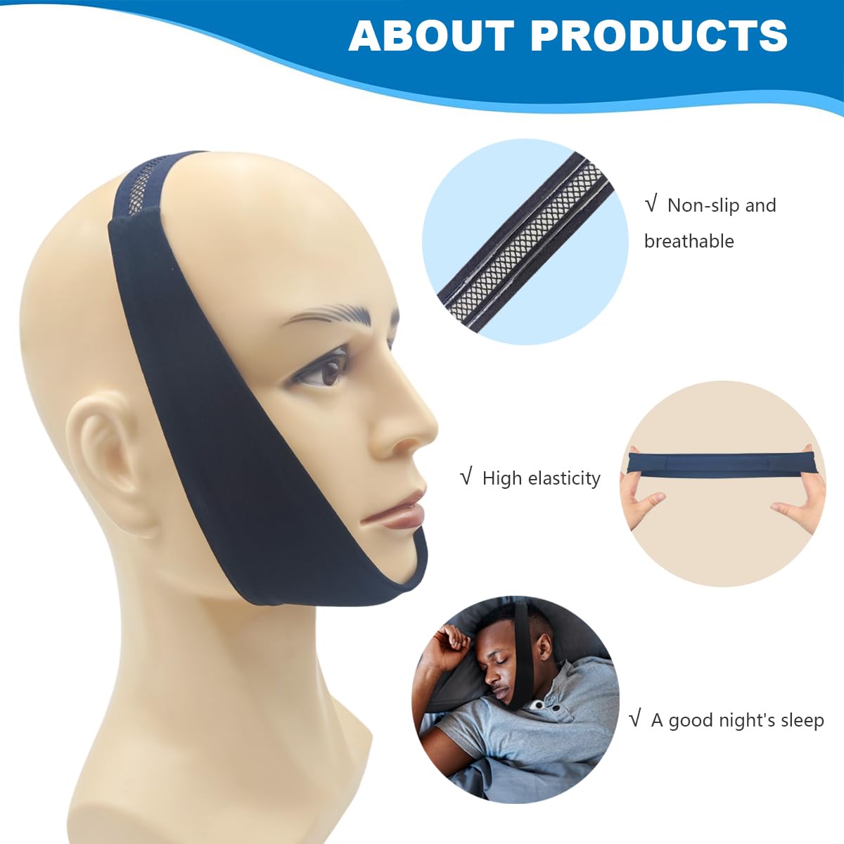 1 Pack Black Comfortable Chin Strap for CPAP Users, Chin Strap for Sleeping,Men and Women to Stop Snoring Universal Size- Keep Mouth Closed and Reduce Air Loss for Better Sleep
