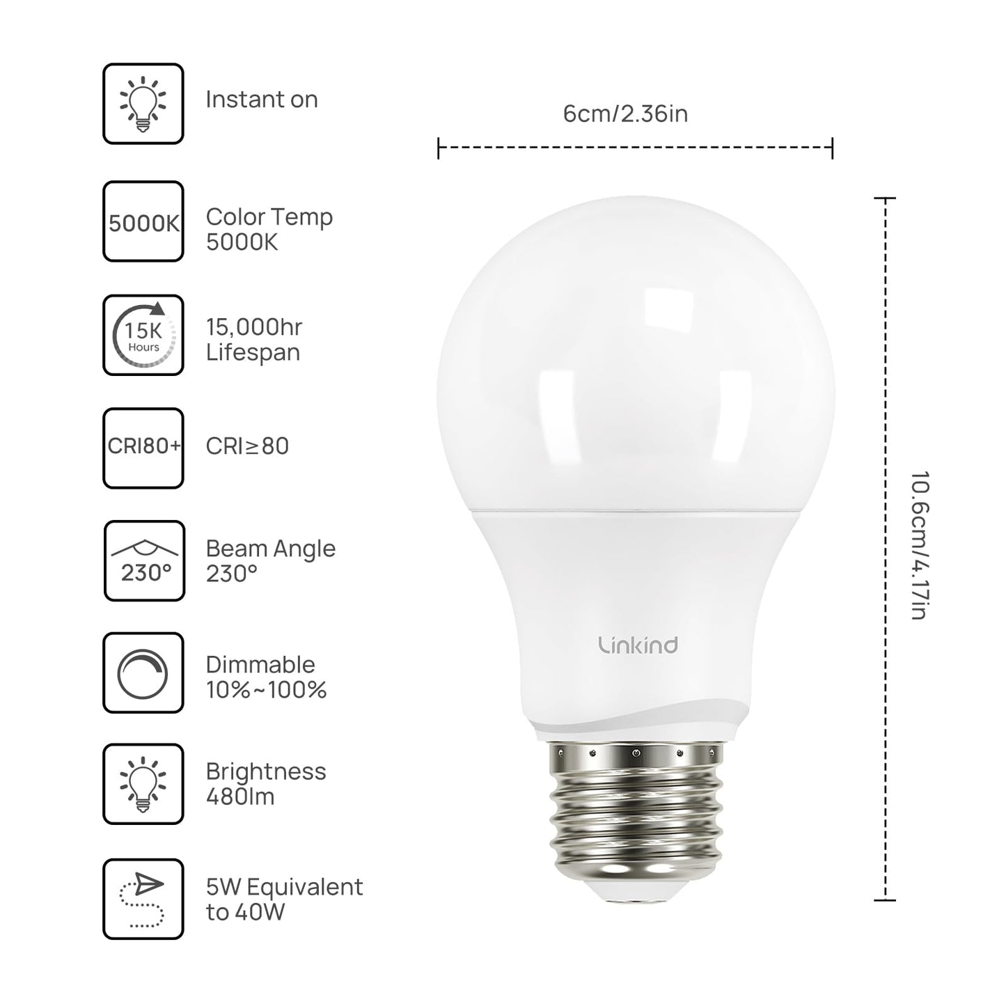 Linkind Dimmable A19 LED Light Bulbs, 40W Equivalent, 5000K Daylight, E26 Base, 6 Count, UL Listed, Plastic