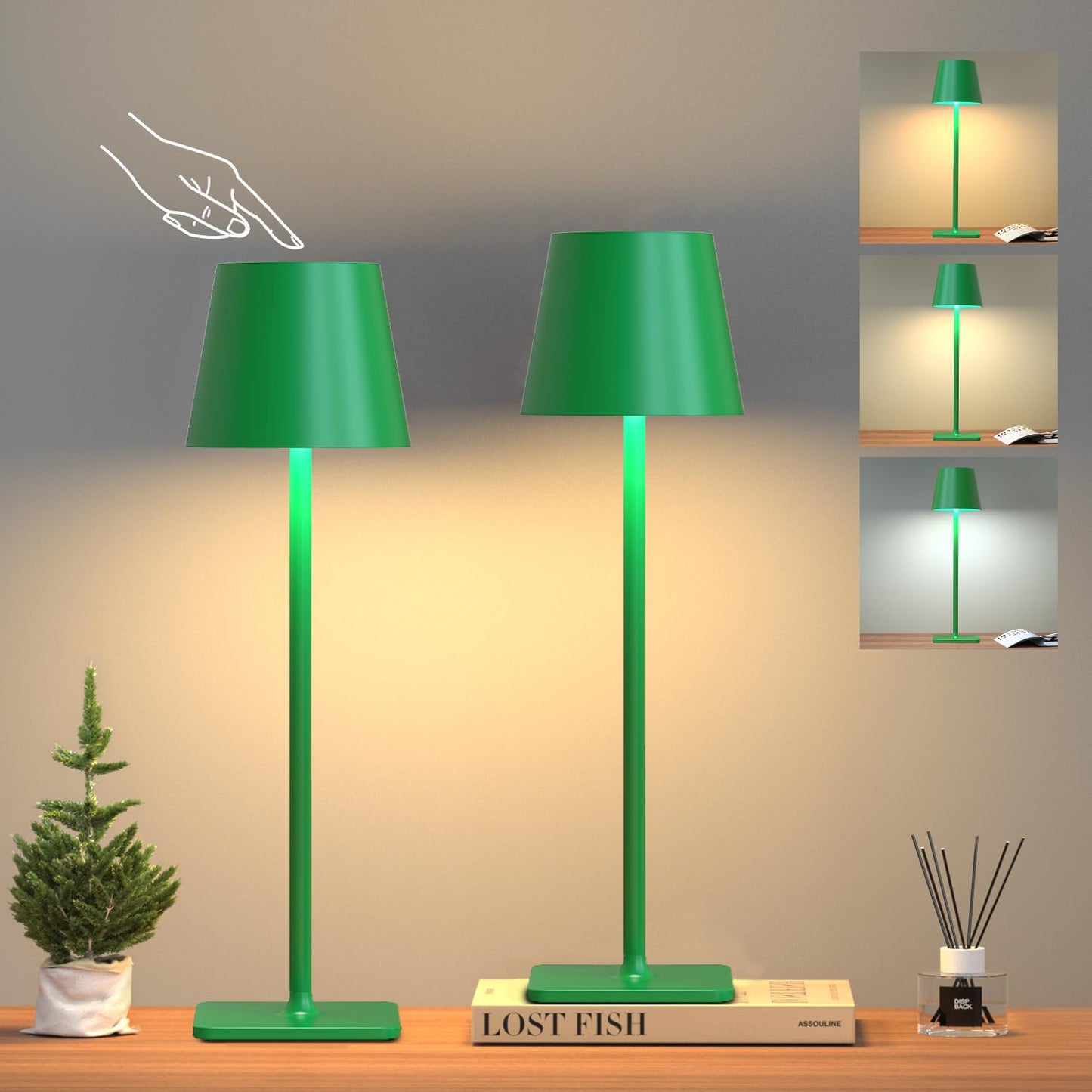 Yogaret Green Cordless Table Lamp Set of 2, Dimmable, Metal, Model Yogaret-Dinner Lamp