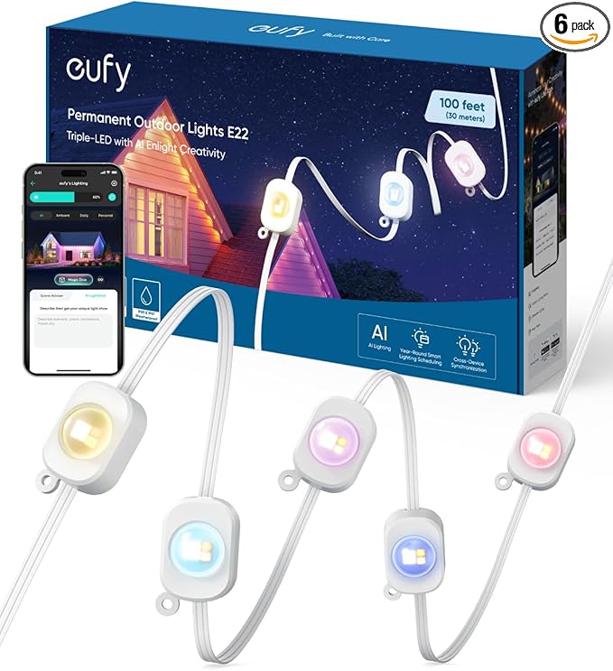 eufy Permanent Outdoor Lights E22, 100ft with 60 Triple-LED Lights, Smart RGBWW for Christmas, Daily and Holiday, Up to IP...