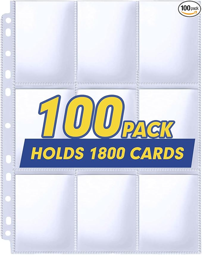 Trading Card Sleeve Pages, PANDRI 100 Pack 9 Pocket Trading Card Storage Album Pages 11 Holes Fit 3 Ring Binder
