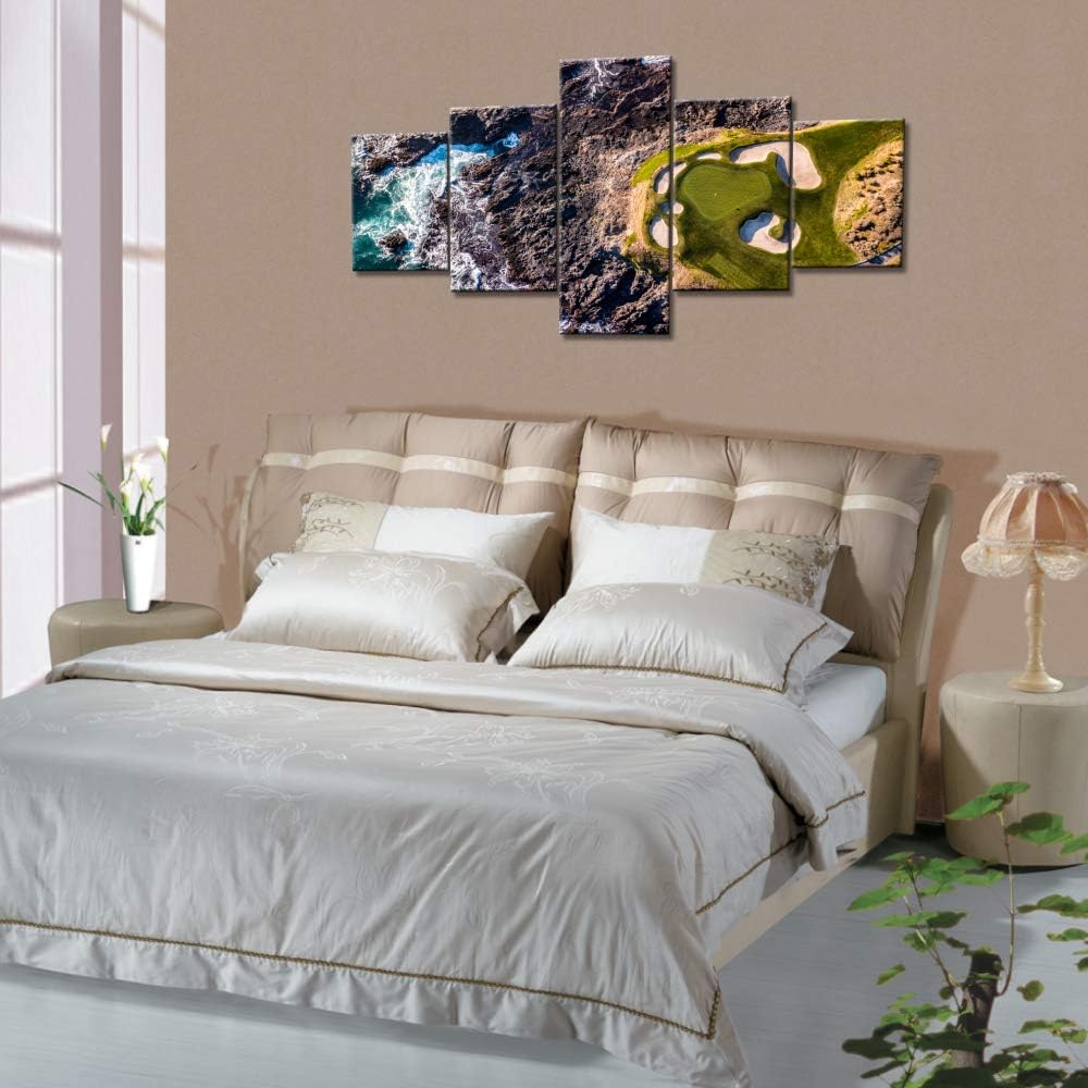 5 Panel Canvas Wall Art California Golf Links Paintings for Bedroom Ocean Stone and Green Lawn Pictures HD Prints Modern Home Decor Sea Landscape Artwork Framed Stretched Ready to Hang(50''Wx24''H)