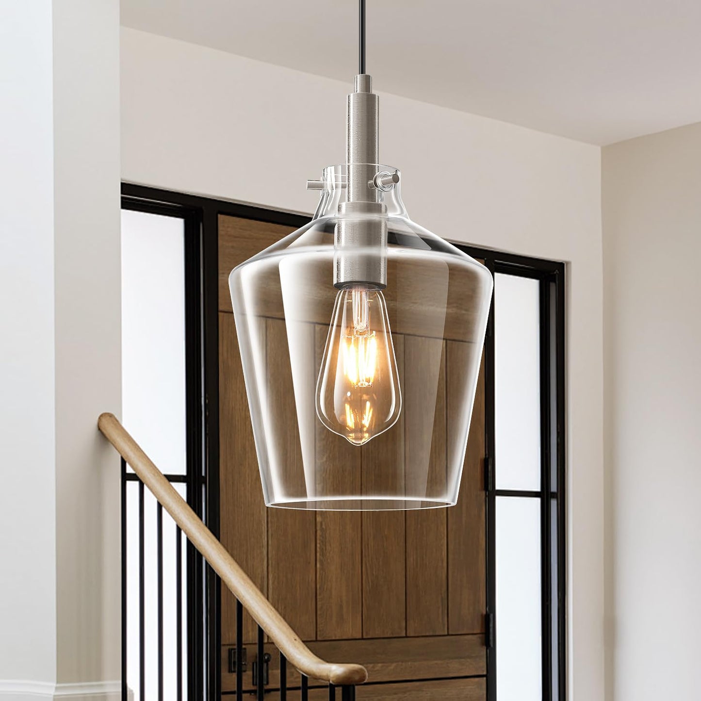 Vaziden Modern Glass Pendant Lighting For Kitchen Island  Farmhouse Nickel Pendant Light Fixtures 1 Pack  Adjustable Hanging Ceiling Light Angled Clear Glass Shades 8 Inch