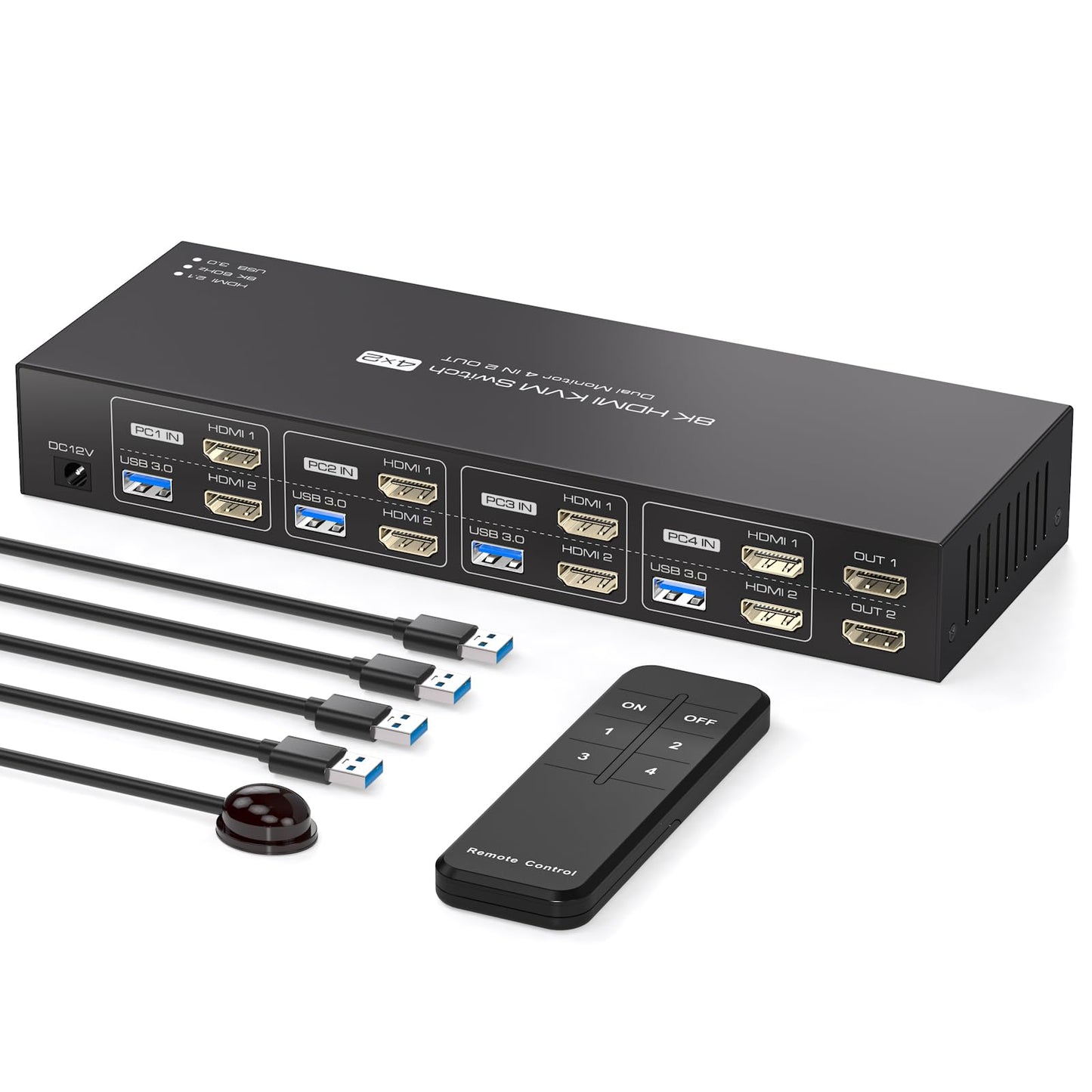 PVBCTCSID 4K120Hz HDMI KVM Switch 2 Monitors 4 Computers 8K60Hz EDID Emulation 4 Port KVM for 4 PC Sharing Dual Monitor and 4 USB 3.0 Devices Support Copy and Extend Mode with Controller