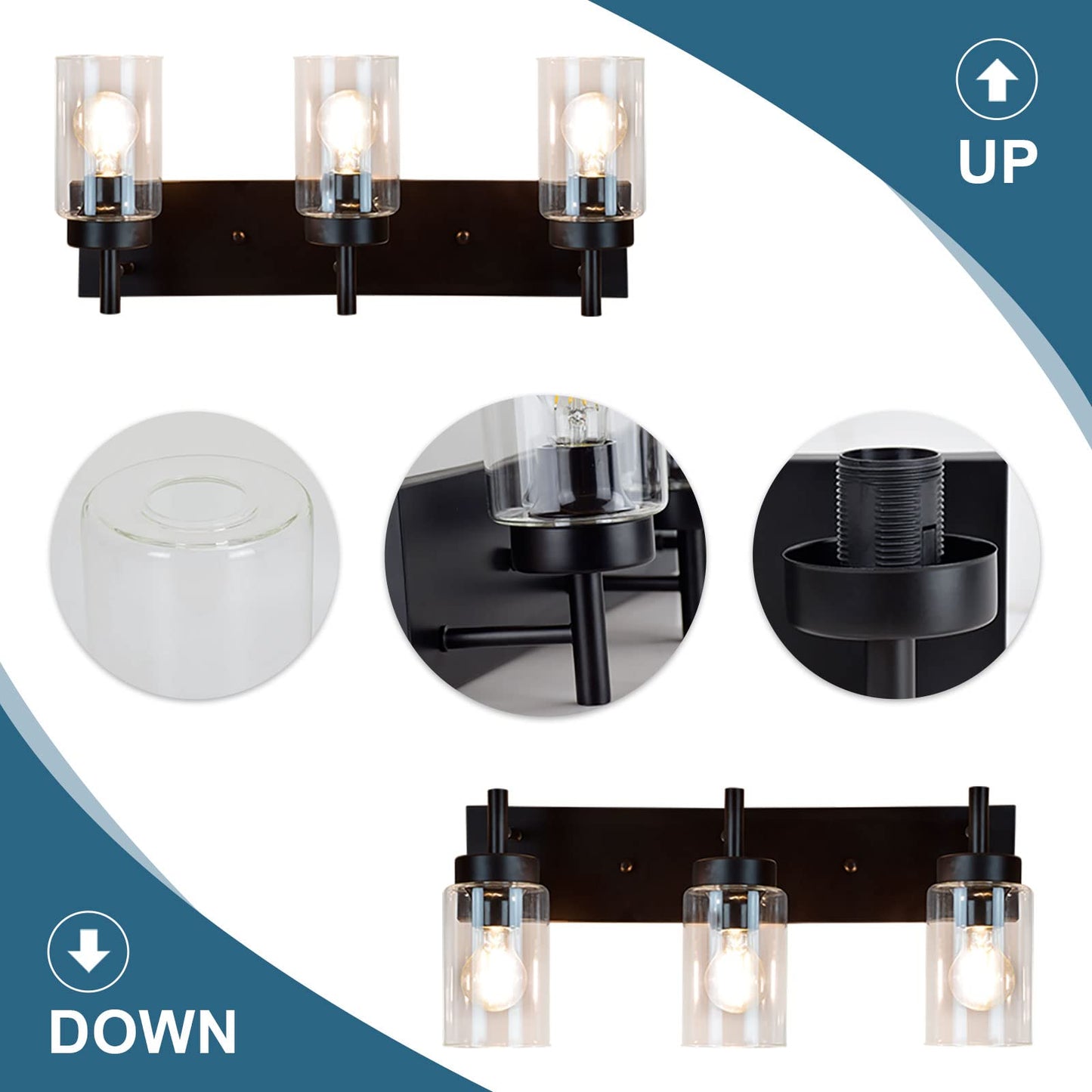 Dinglilighting Vintage 3-Light Wall Sconce, Black Metal Bathroom Vanity Light With Clear Glass Shades, Model Ws-Fnw2-60B