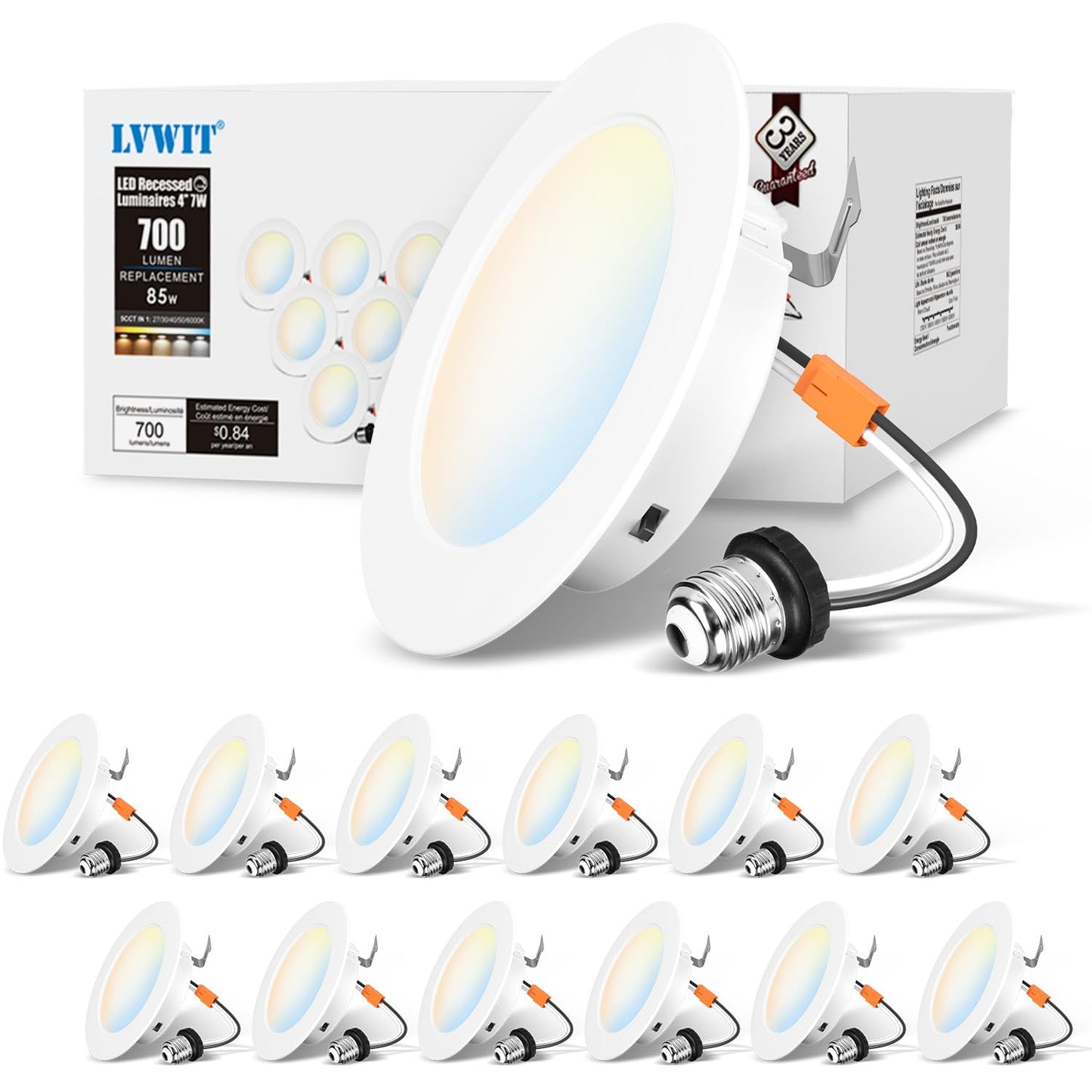 Lvwit Led Recessed Light 4Inch  Can Lighting With White Cover  Color Selectable Dimmable Downlight With E26 Conversion Kit  12 Pack