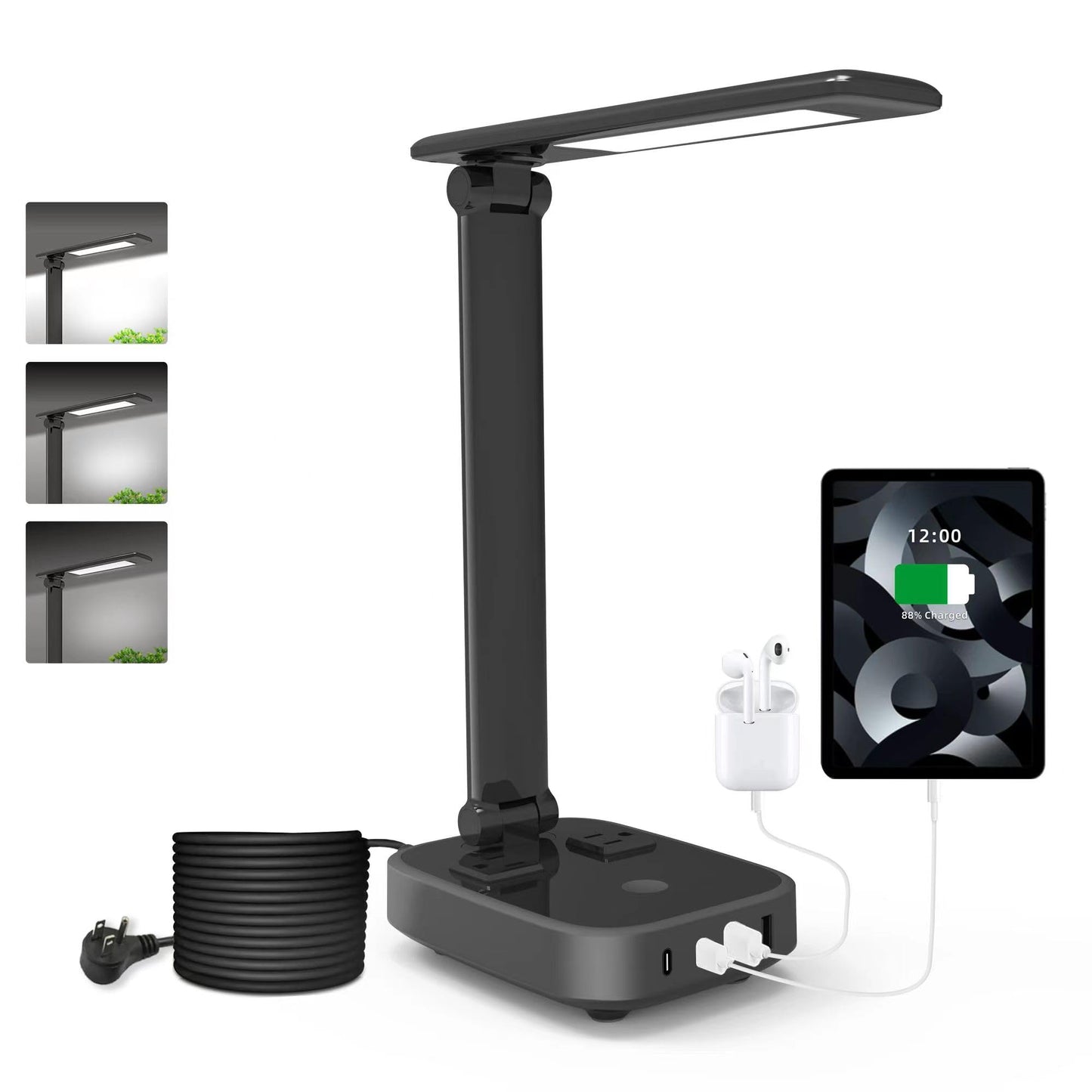 Yostyle LED Desk Lamp with 4 USB Ports, 2 AC Outlets, Touch Dimmer, Black, Model SPMKJ-07