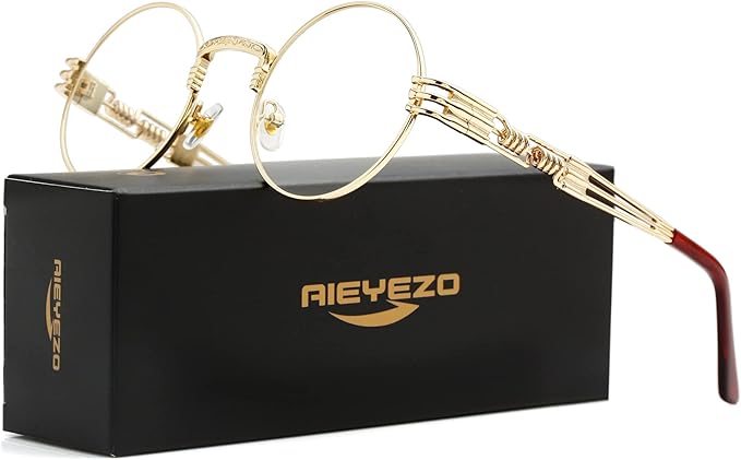 AIEYEZO Round Steampunk Sunglasses for Men Women Retro Circle Hippie Glasses Metal Frame 100% UV Blocking Lens