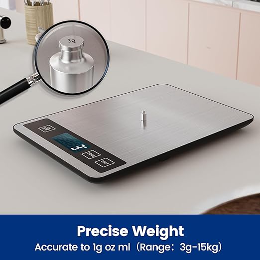 【33 lb & USB Rechargeable】 Digital Kitchen Food Scale Kitchen Scale, Stainless Steel Digital Weight Grams and Oz, Baking and Cooking, 0.1oz/1g Precise, 6 Weight Units