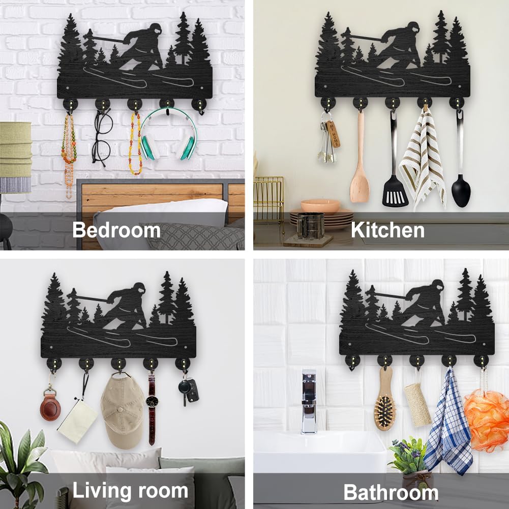 MAYJOYDIY Ski Tree Coat Racks Wood Outdoor Winter Sports Key Holder Wall Mount 11.8×7.9inch Black Key Hooks Rack 5 Alloy Hooks Home Decor Gifts Entryway Kitchen Bathroom Storage Organizer