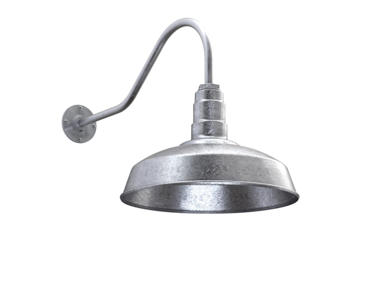Steel Lighting Co. Gardena Barn Light - 16in Dome, 23in Gooseneck, Dusk to Dawn, Galvanized Steel, Outdoor Wall Mounted