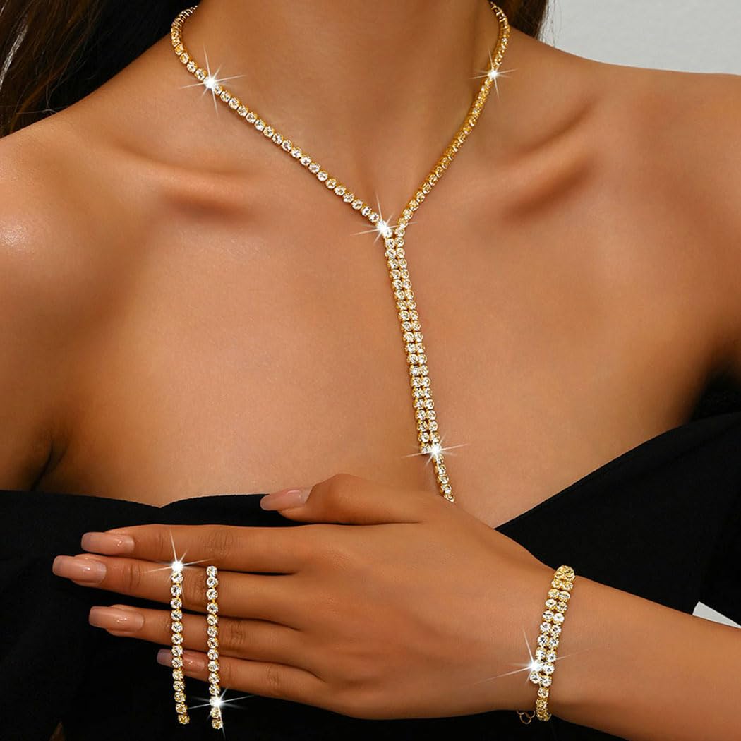 Unicra Gold Bridal Wedding Jewelry Sets Rhinestone Necklace Earrings Bracelet Set Prom Formal Costume Jewelry Sets for Women and