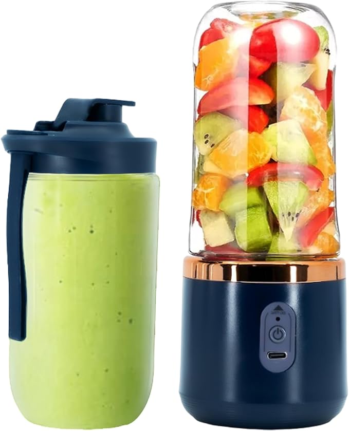 Regalosonline Mini Personal and Portable Hand Blender for Smoothies, Juices, Protein, Fruits, and Vegetables with 6 Blades + 2 Cups to go anywhere - USB Rechargeable!