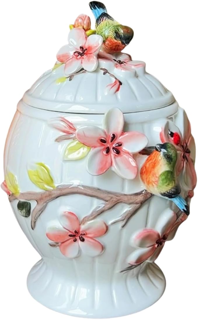 Ceramic Food Storage Containers with Lids, 3D Hand-painted Magnolia Flower and Bird for Home Kitchen Countertop Decorative Collection Jars