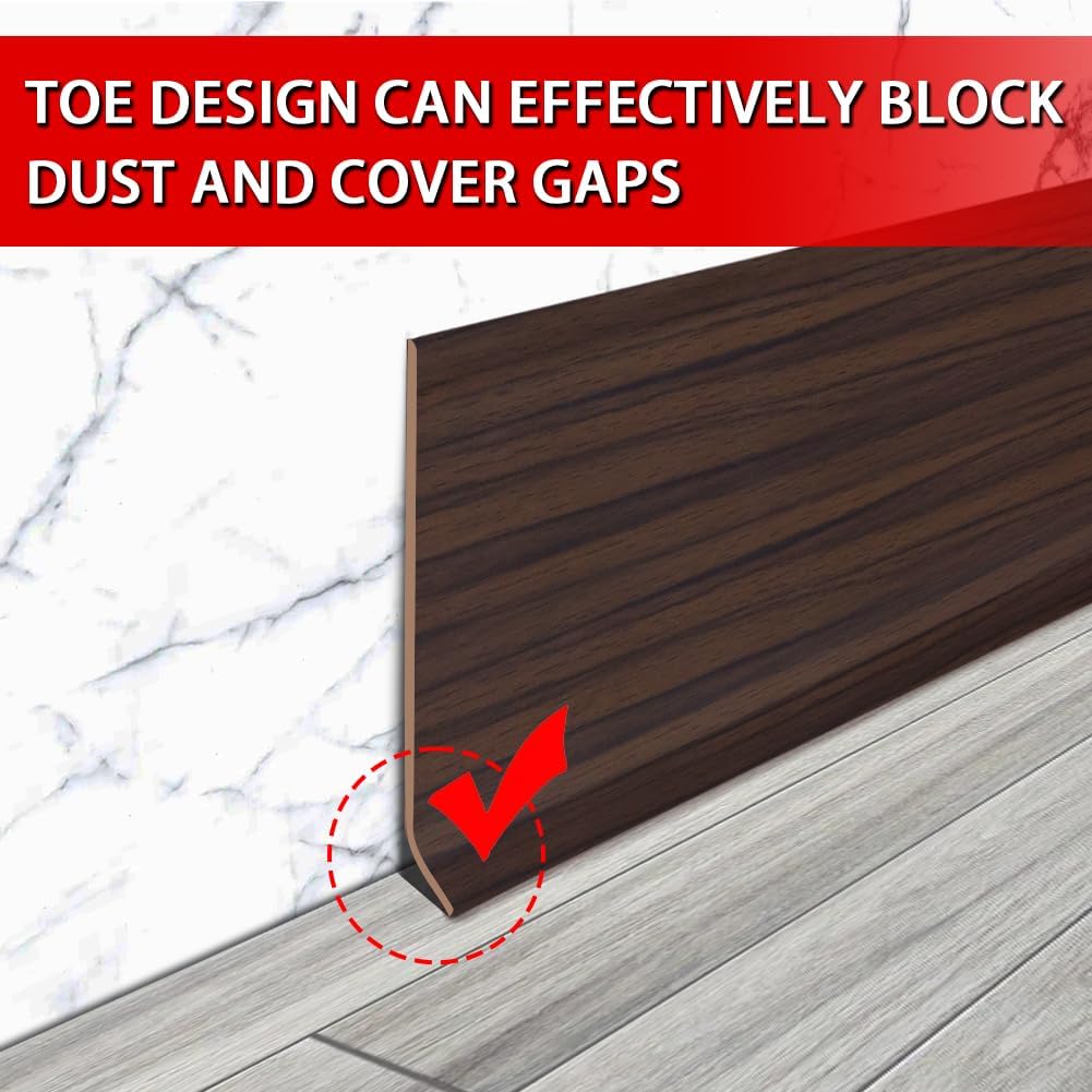 Vinyl Wall Base Baseboard Molding Trim 4" Flexible Self Adhesive Rubber Wall Base Moulding Trim Peel and Stick Design, 4 Inch x 40 Feet, Brown Wood Grain