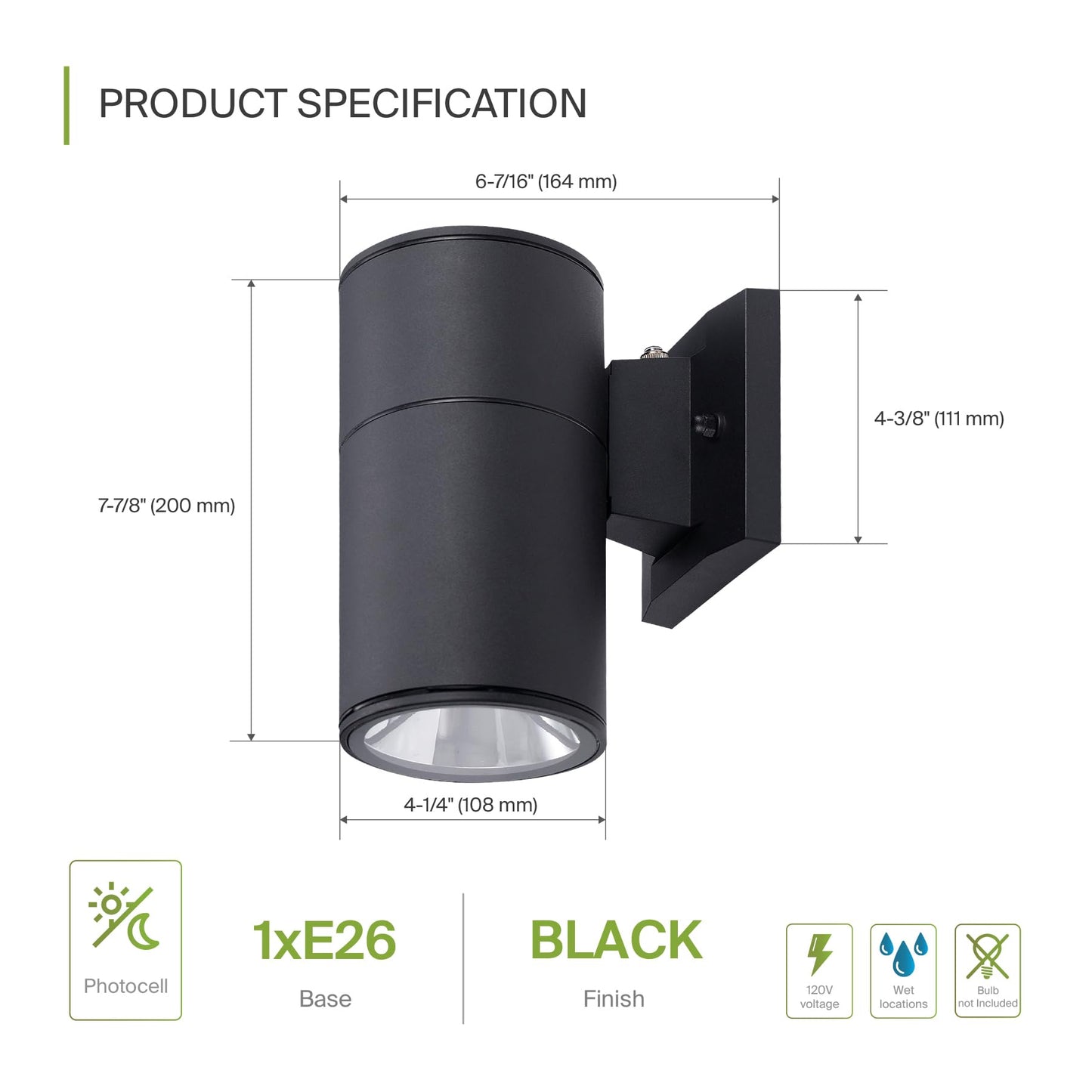 Asd 1-Way Round Cylinder Wall Light Fixture, Photocell, 60W E26, Waterproof, Black, Model A-Oclr-1Apc-Bk