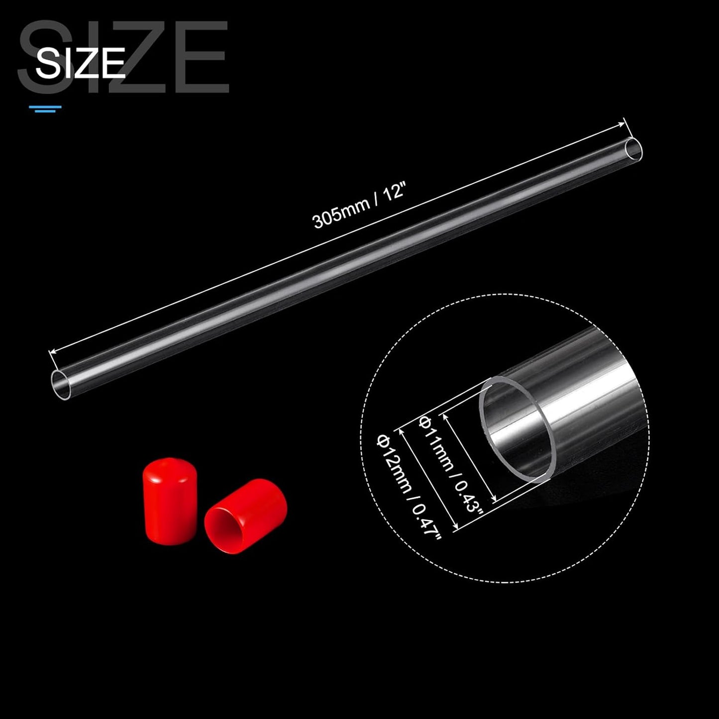 PATIKIL Clear Rigid Tube Round Plastic Tubing with Red Rubber Caps Polycarbonate Water Pipe, 305mm/ 12 Inch Length, 11mmx12mm/0.43"x0.47", 2 Set