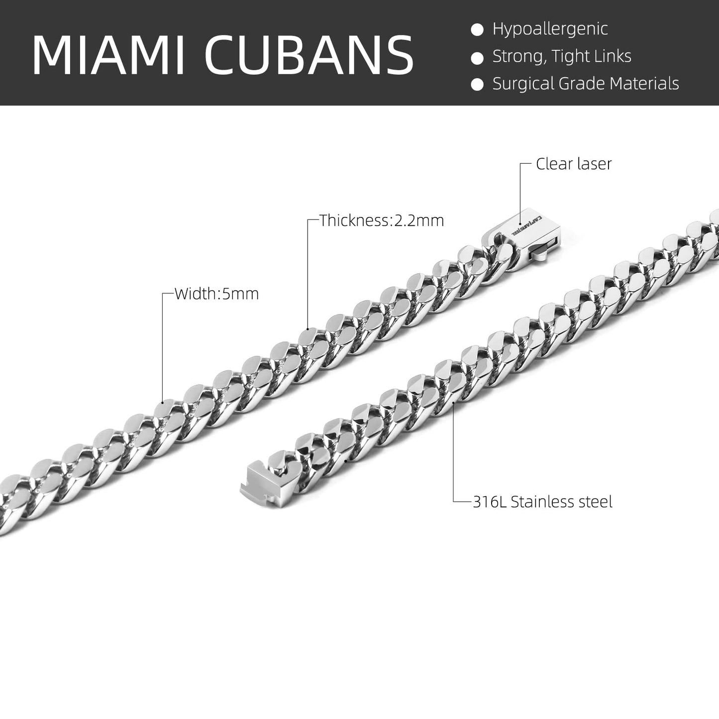 CaptianSteel Miami Cuban Chain Necklace for Men/Women,316L Stainless Steel 5/9MM Width 18/20/22/24Length Fashion Snap Button Hip