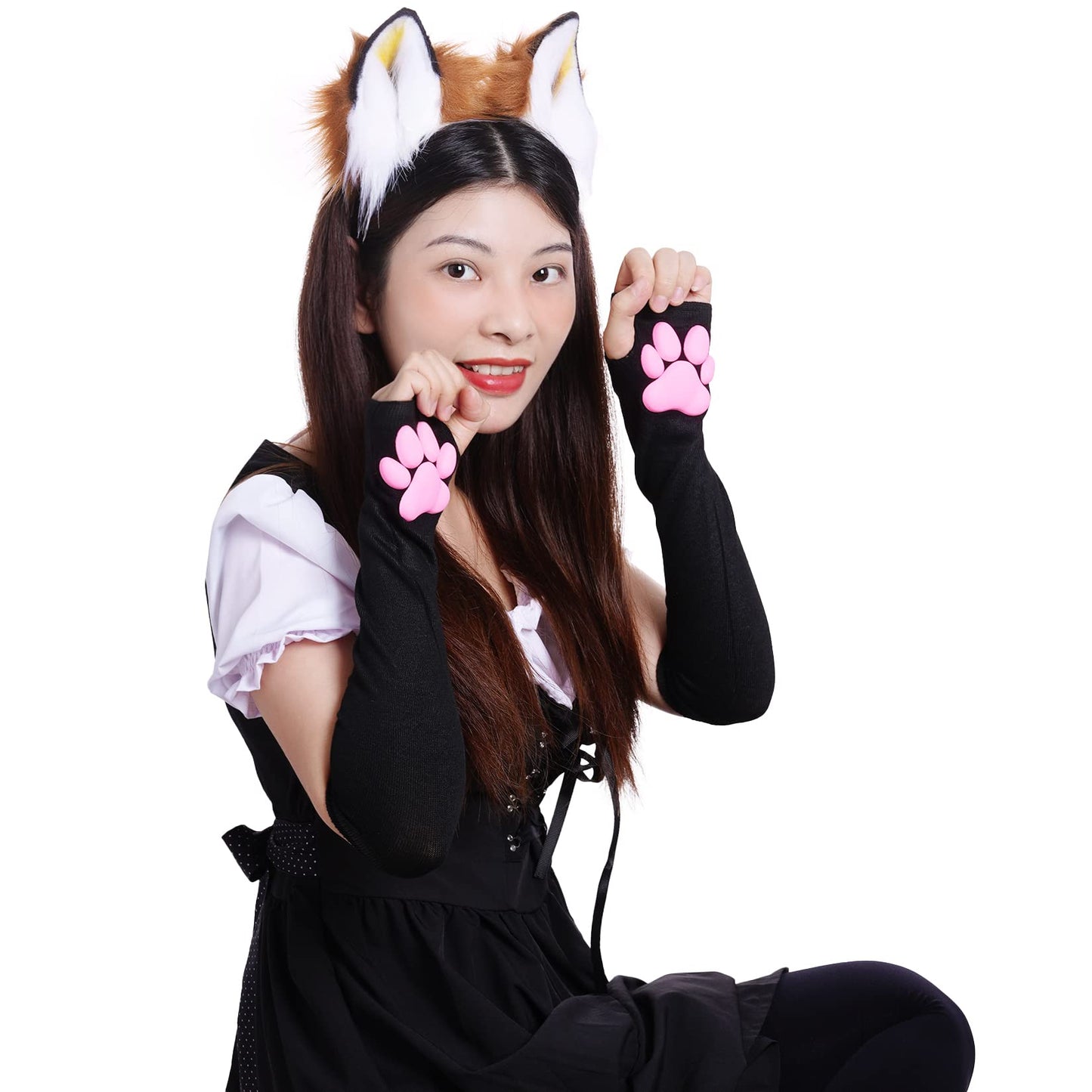 Nydotd Cat Paw Pad Mittens Gloves Kawaii Pink 3D Claw Fingerless Cute Cat Cosplay Gloves Sleeve for Girls Halloween Party (Black, Long)