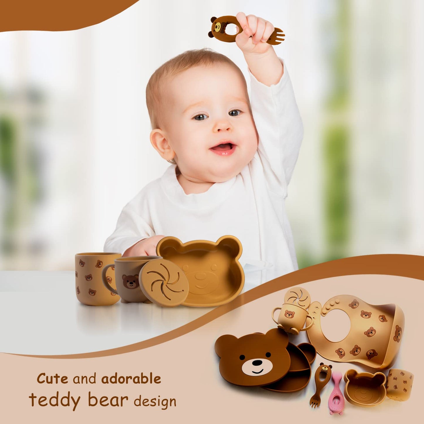 Neverland Creations Silicone Baby Feeding Set - 7 Piece - Baby Led Weaning Supplies - Suction Bowl, Divided Plate, Adjustable Bib, Snackcup, Cup, Eating Utensils and Baby Dishes for 6+ Months