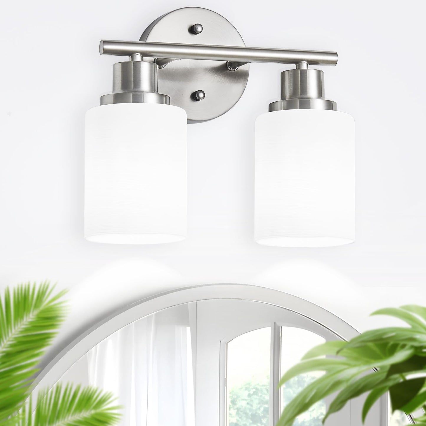 Guliaofo 2-Light Vanity Lights  Brushed Nickel Bathroom Light Fixture With Striped Textured Milky White Glass Shade  E26 Modern Vanity Lighting Fixture For Bathroom Wall Sconce Light Over Mirror