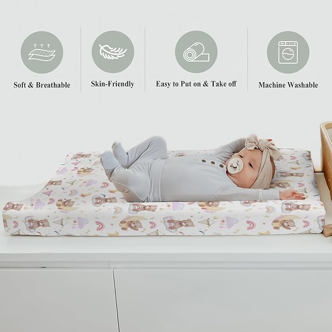 Watercolor Bear Rainbow Pink Changing Pad Covers for Baby Girls Cute Bears Moon Stars Clouds Fitted Change Table Covers Mats Animal Soft Diaper Changing Table Sheets for 32''×16'' Contoured Pad