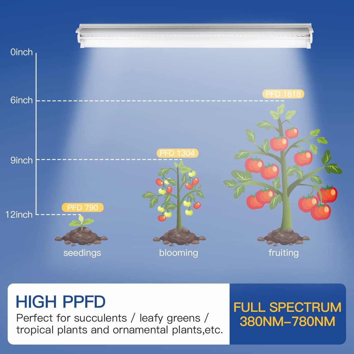 T5 Grow Lights 2 Pack, 1.4Ft 5000K White Full Spectrum LED Plant Growing Lamp Strips for Indoor Plants, Seeds Starting, Succulents, High PPFD with V-Shaped Reflector