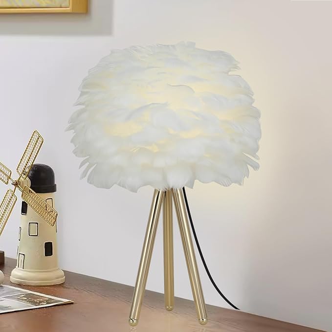 ZYLEIESENBAO White Feather Lamp Furry Table Lamp H16'' Modern Princess Feather Desk Lamp Tripod Fluffy Bedside Nightstand Light for Bedroom Wedding Atmosphere Girl Gift Living Room Retaurant Entryway