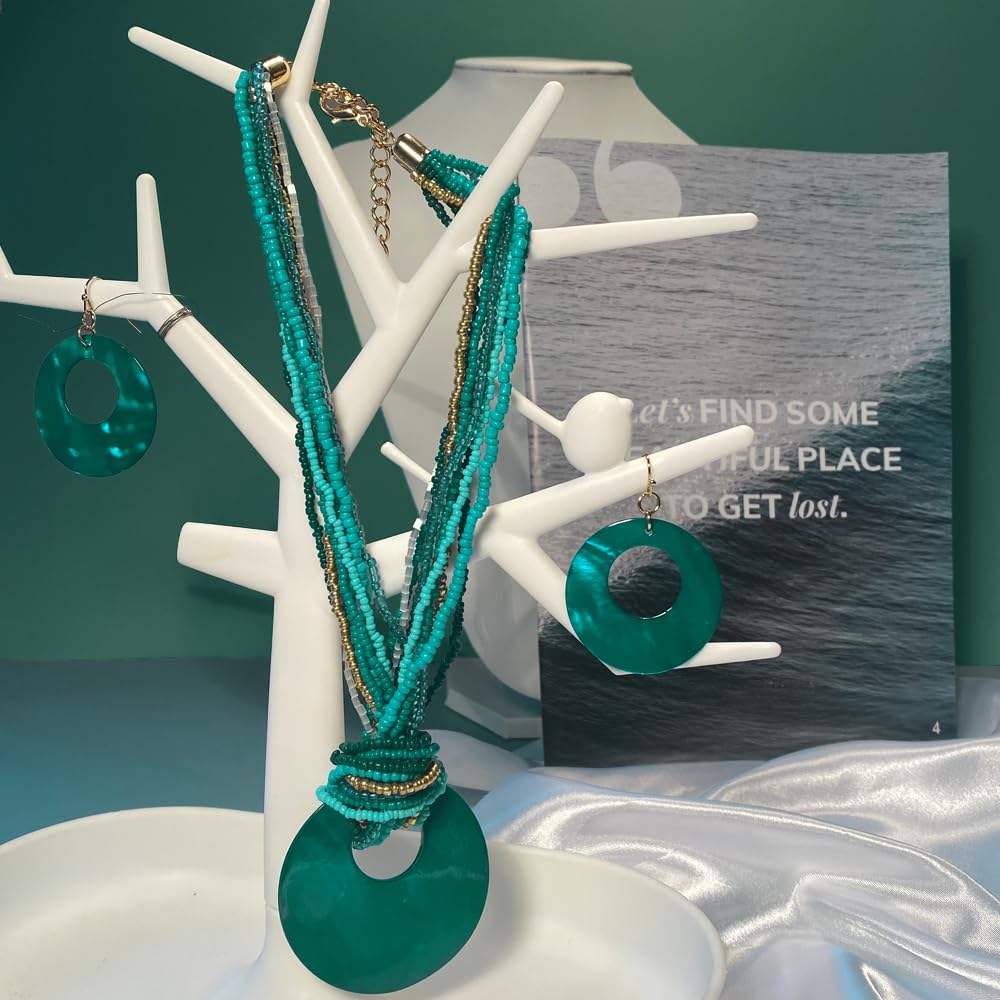 Coiris Multi Strand Statement Colorful Beaded Necklace Earrings Set with Big Circle Shell Pendant for Women (N0055-Dark Teal)