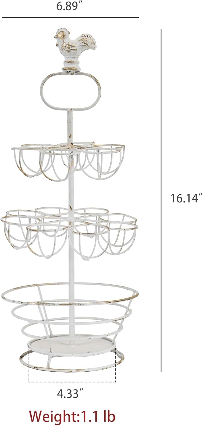 Vintage White Metal Egg Holder with Rooster Top - 2-Tier & Bottom Basket Design, Farmhouse Distressed Decor Egg Storage Rack for Kitchen Countertop Decor (White with Gold)