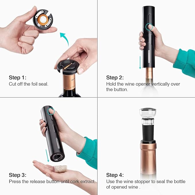 Electric Wine Opener Set, Battery Operated Wine Bottle Opener Set, Cordless Automatic Corkscrew with Foil Cutter, Pourer, Vacuum Stopper, Fast Cork Removal, Gift Idea for Wine Lovers, Black